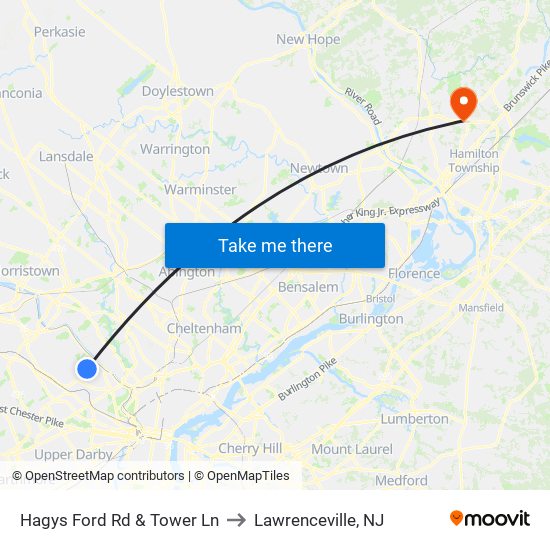 Hagys Ford Rd & Tower Ln to Lawrenceville, NJ map