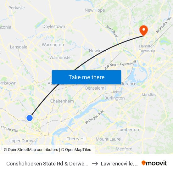 Conshohocken State Rd & Derwen Rd to Lawrenceville, NJ map