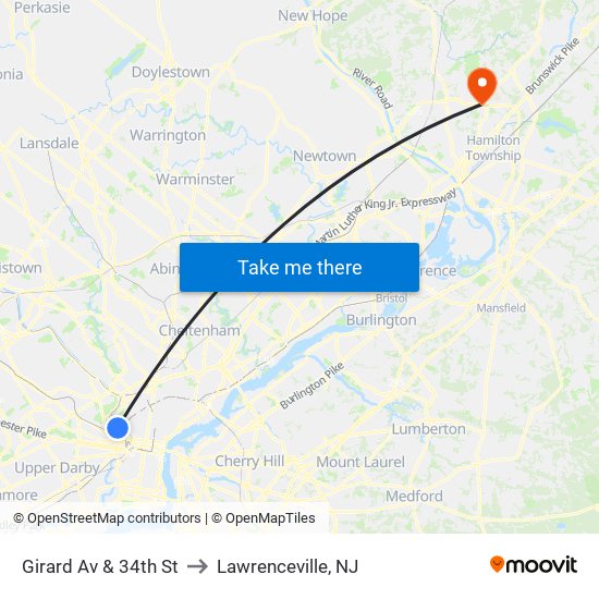 Girard Av & 34th St to Lawrenceville, NJ map
