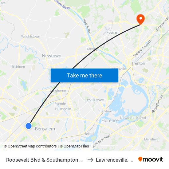 Roosevelt Blvd & Southampton Rd to Lawrenceville, NJ map