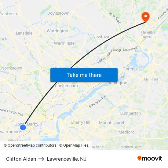 Clifton-Aldan to Lawrenceville, NJ map