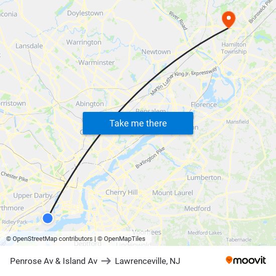 Penrose Av & Island Av to Lawrenceville, NJ map