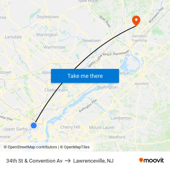 34th St & Convention Av to Lawrenceville, NJ map