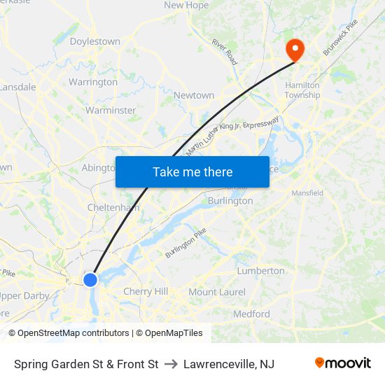 Spring Garden St & Front St to Lawrenceville, NJ map