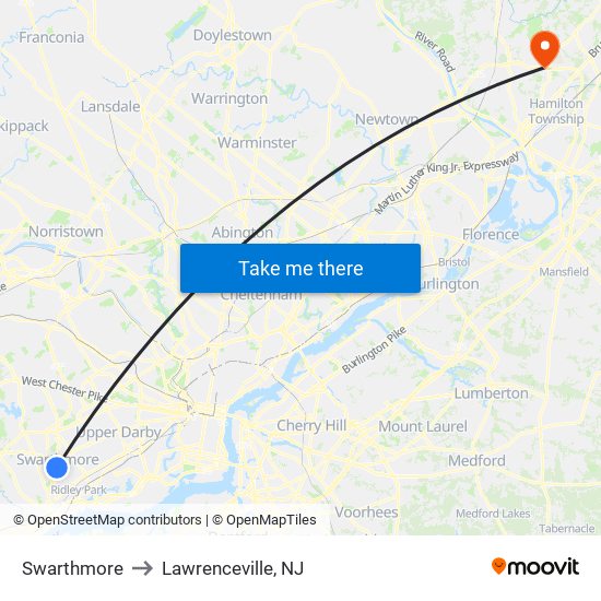 Swarthmore to Lawrenceville, NJ map