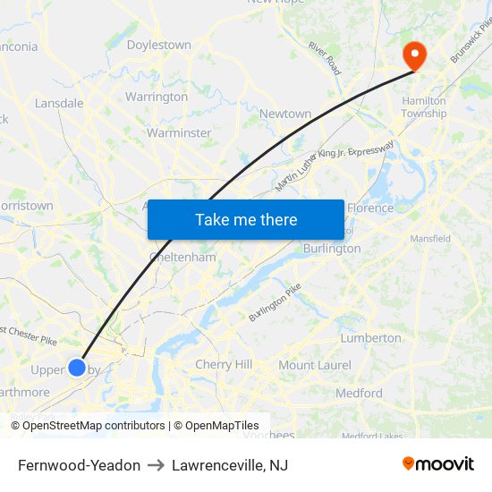 Fernwood-Yeadon to Lawrenceville, NJ map
