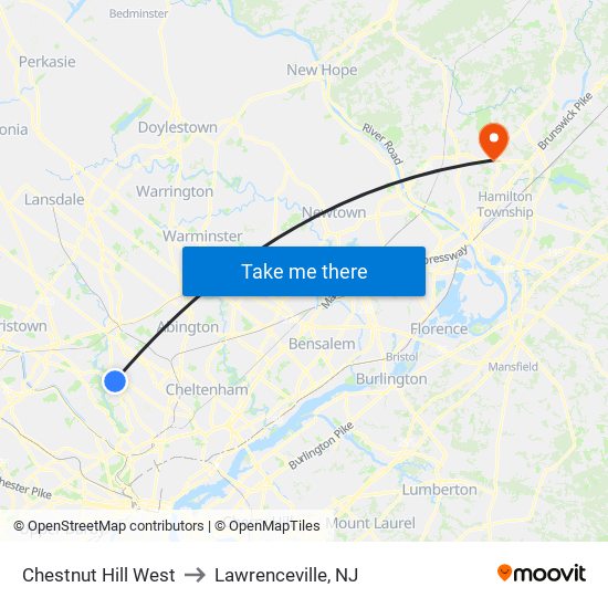 Chestnut Hill West to Lawrenceville, NJ map