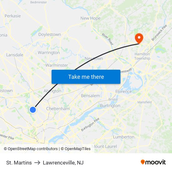 St. Martins to Lawrenceville, NJ map