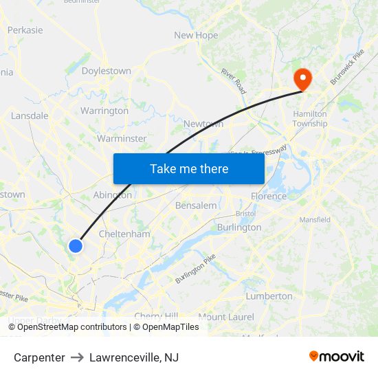 Carpenter to Lawrenceville, NJ map