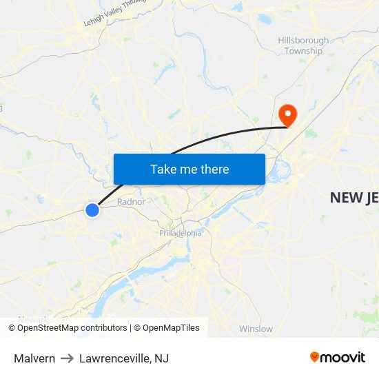 Malvern to Lawrenceville, NJ map