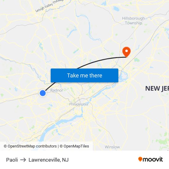 Paoli to Lawrenceville, NJ map