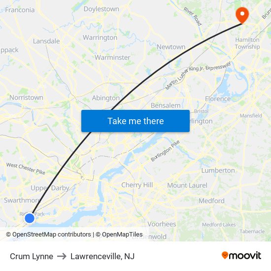 Crum Lynne to Lawrenceville, NJ map