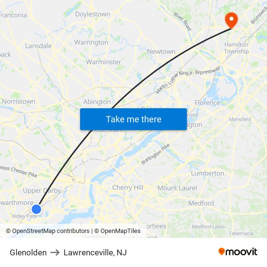 Glenolden to Lawrenceville, NJ map