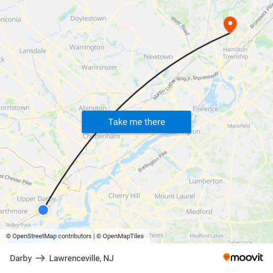 Darby to Lawrenceville, NJ map