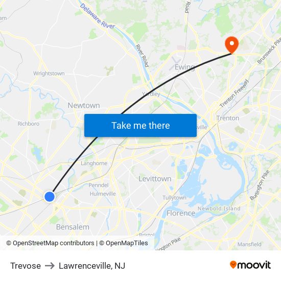 Trevose to Lawrenceville, NJ map