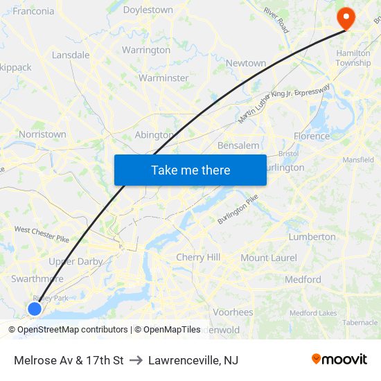 Melrose Av & 17th St to Lawrenceville, NJ map