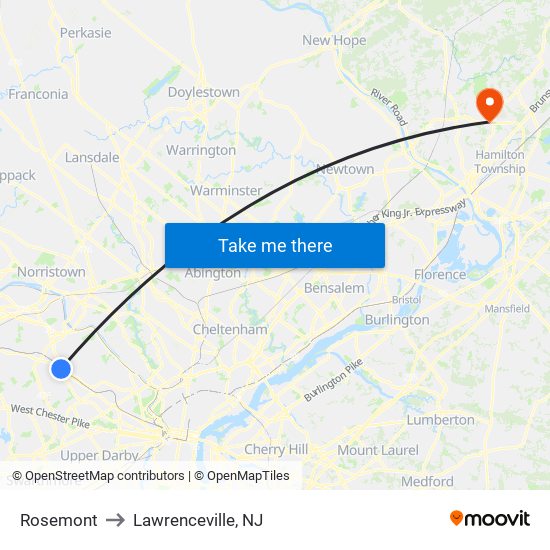 Rosemont to Lawrenceville, NJ map