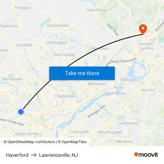 Haverford to Lawrenceville, NJ map