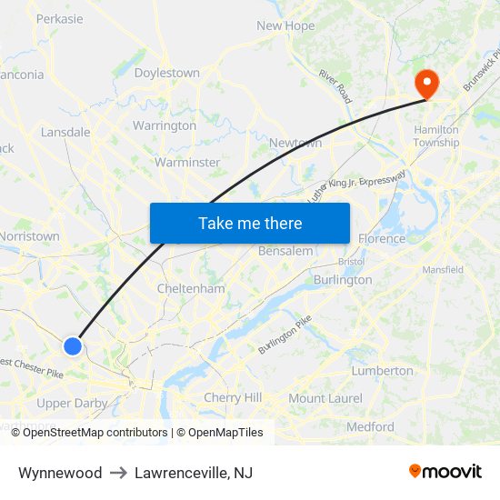 Wynnewood to Lawrenceville, NJ map