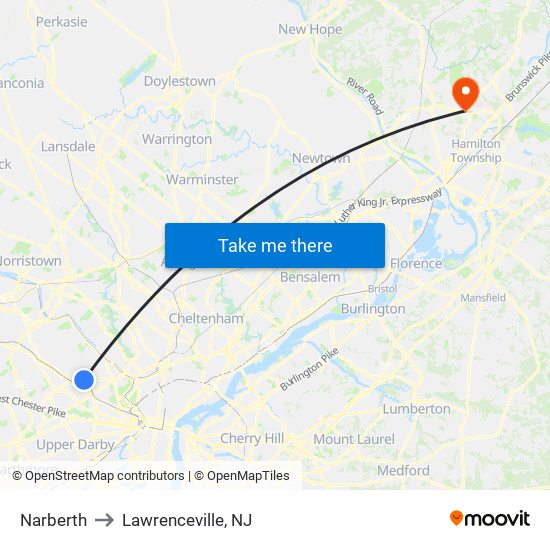 Narberth to Lawrenceville, NJ map