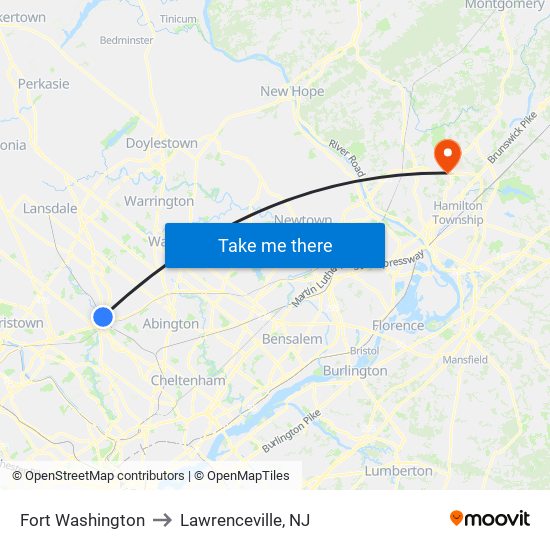 Fort Washington to Lawrenceville, NJ map