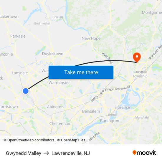 Gwynedd Valley to Lawrenceville, NJ map