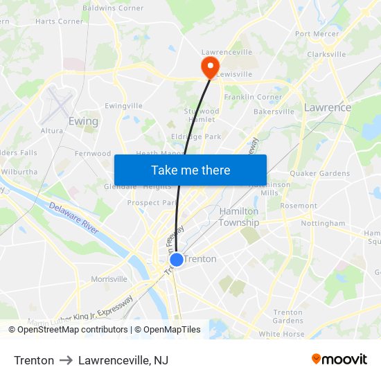 Trenton to Lawrenceville, NJ map