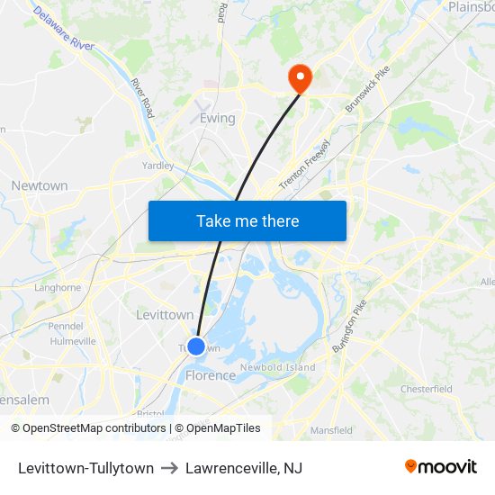 Levittown-Tullytown to Lawrenceville, NJ map