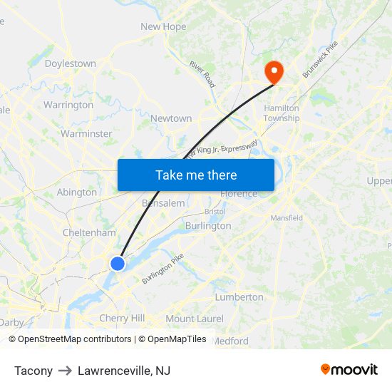 Tacony to Lawrenceville, NJ map