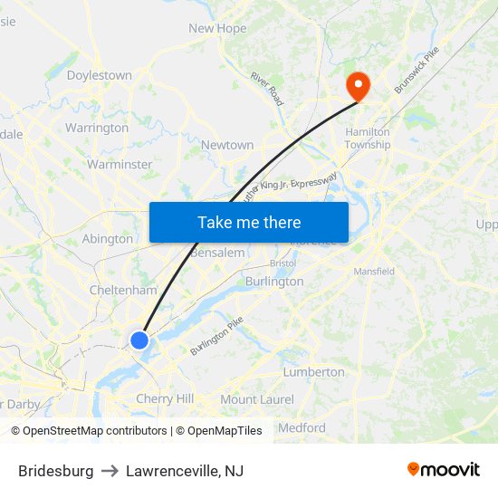 Bridesburg to Lawrenceville, NJ map