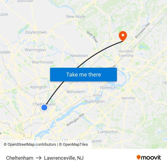Cheltenham to Lawrenceville, NJ map
