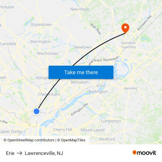 Erie to Lawrenceville, NJ map