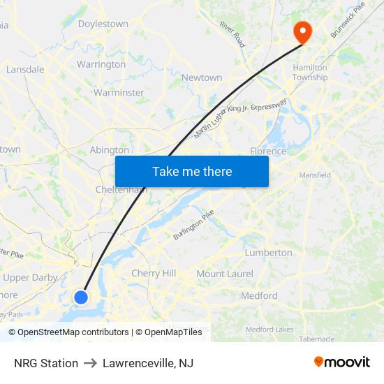 NRG Station to Lawrenceville, NJ map