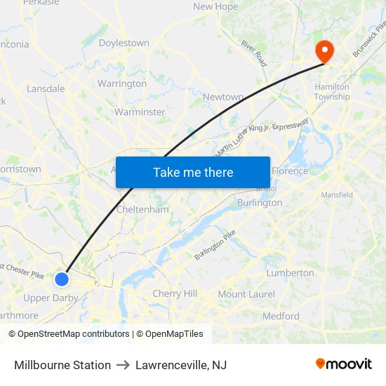 Millbourne Station to Lawrenceville, NJ map