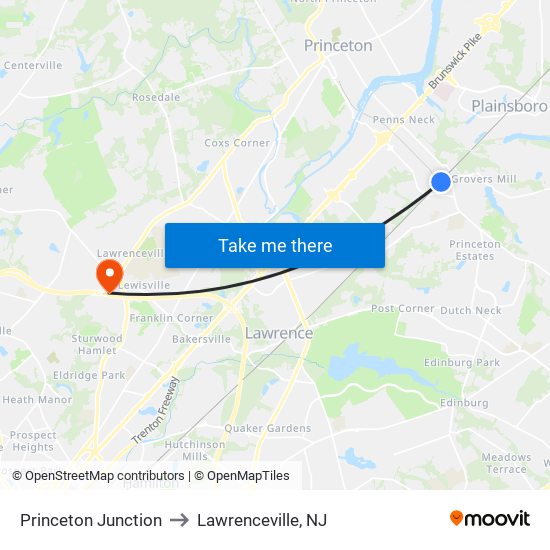 Princeton Junction to Lawrenceville, NJ map