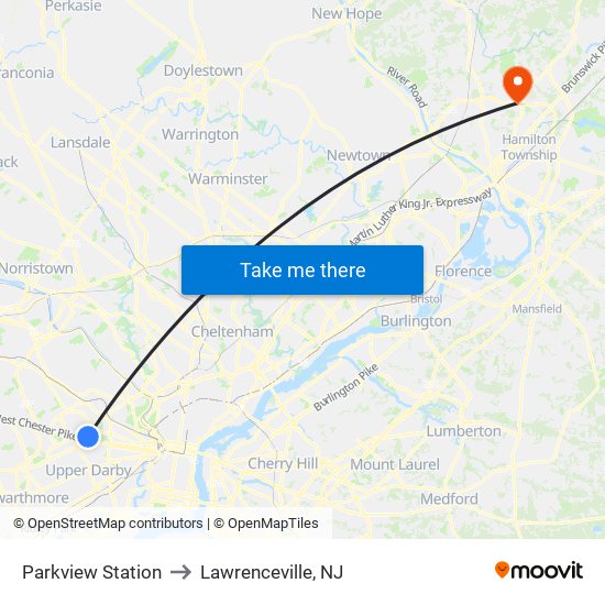 Parkview Station to Lawrenceville, NJ map