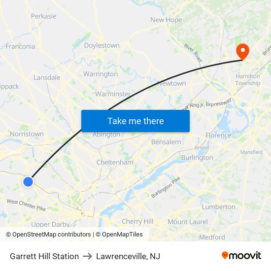 Garrett Hill Station to Lawrenceville, NJ map