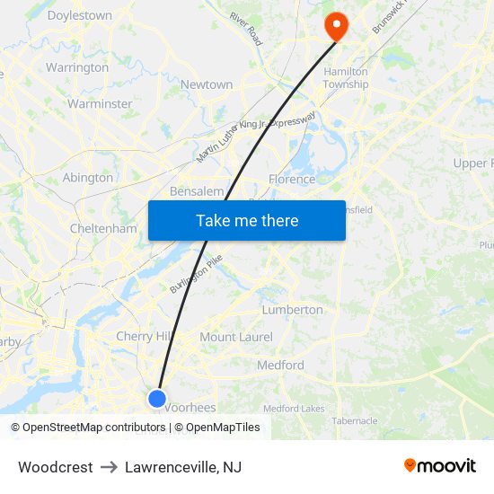 Woodcrest to Lawrenceville, NJ map