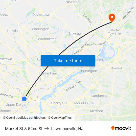 Market St & 52nd St to Lawrenceville, NJ map