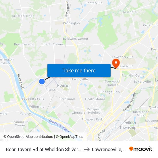 Bear Tavern Rd at Wheldon Shivers Dr to Lawrenceville, NJ map