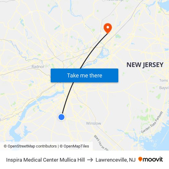 Inspira Medical Center Mullica Hill to Lawrenceville, NJ map