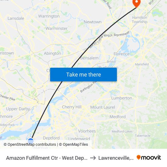 Amazon Fulfillment Ctr - West Deptford to Lawrenceville, NJ map