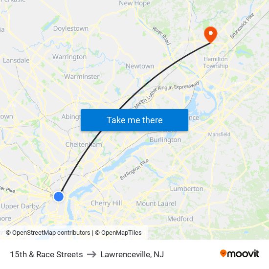 15th & Race Streets to Lawrenceville, NJ map