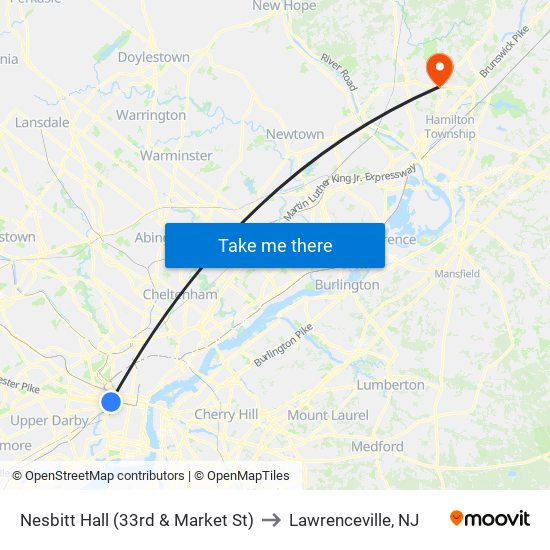 Nesbitt Hall (33rd & Market St) to Lawrenceville, NJ map