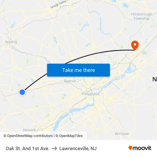 Oak St. And 1st Ave. to Lawrenceville, NJ map