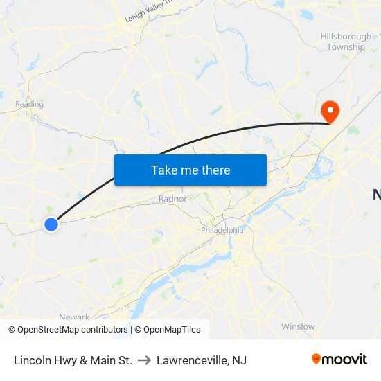 Lincoln Hwy & Main St. to Lawrenceville, NJ map