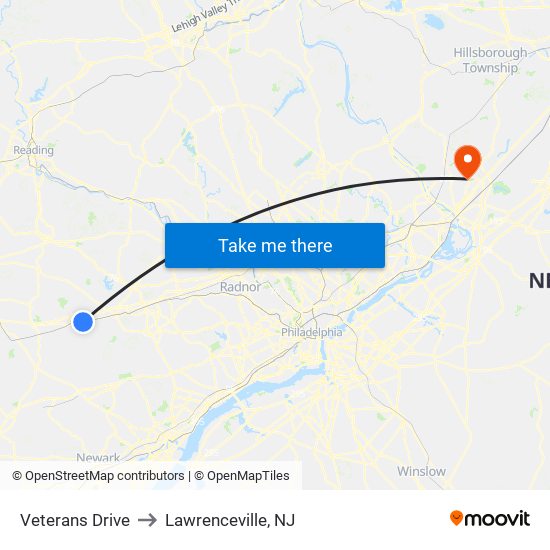 Veterans Drive to Lawrenceville, NJ map