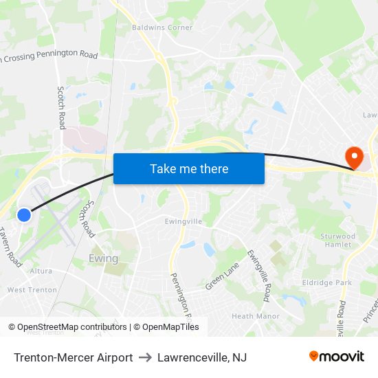 Trenton-Mercer Airport to Lawrenceville, NJ map
