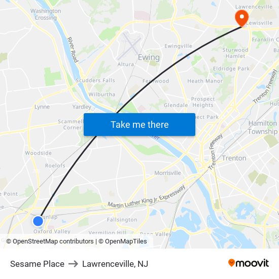 Sesame Place to Lawrenceville, NJ map