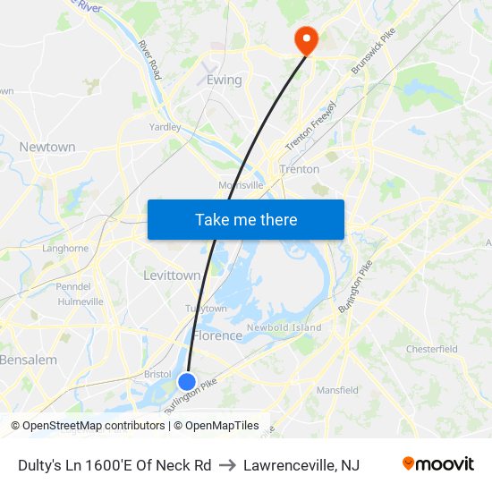 Dulty's Ln 1600'E Of Neck Rd to Lawrenceville, NJ map